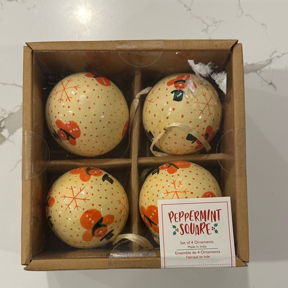 Peppermint Square Ornaments NIB (4) Cream and Orange Holiday Snowman Ornaments